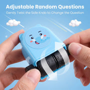 Hands adjust the side knob of a blue elephant math roller stamp, showing the internal rollers changing numbers for addition