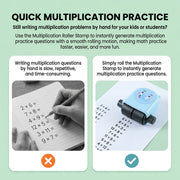 A split image contrasting writing math problems by hand with using the blue elephant math roller stamp to quickly generate