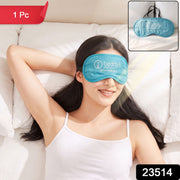 A woman with a light blue sleep mask on her eyes lies on a white bed, with a red banner in the corner marked 