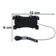 A black bicycle phone holder and a separate horn with a strap are displayed with dimensions of 12 cm and 6 cm.