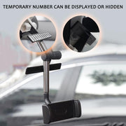 Car phone holder with a temporary number plate feature, shown in two magnified circular insets.