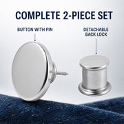 A two-piece set of the silver metal button with pin and its detachable back lock on blue fabric.