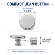 Diagram showing the dimensions of the compact silver metal jean button and its low-profile back lock.