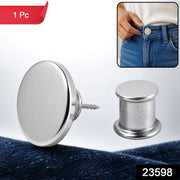 A silver metal button pin and lock on blue fabric with a small inset image of a person adjusting jeans.