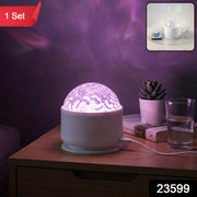White projection light casting purple patterns on a wall, with a red 