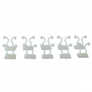 Five white plastic self-adhesive plant clips are arranged in a row on a plain white background.