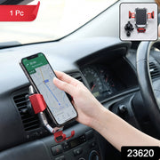 A car vent phone holder in red and silver, with a phone showing a map, and an inset of the product.