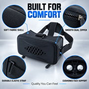 A black VR headset highlighting its soft fabric shell, smooth zipper, and cushioned face support.