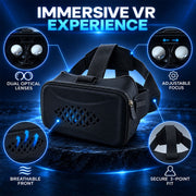 A black VR headset showcasing dual lenses, adjustable focus, and a breathable front panel.