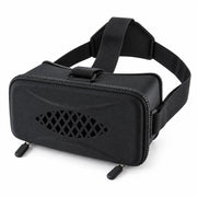 A black virtual reality headset with adjustable straps and a diamond-patterned front on a white background.