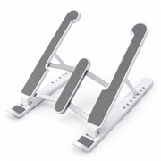 White and gray foldable laptop stand with non-slip pads on a clean white background.