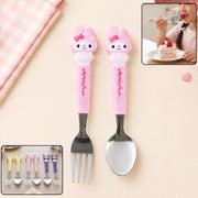 A pink My Melody spoon and fork set with a child eating cake in the top right and other character sets in the bottom