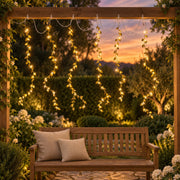 Leaf light strands displayed above a bench