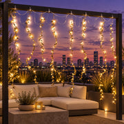 Decorative leaf lights above a seating area
