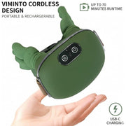 A hand holds a green bionic massager with a brown strap. Text overlays describe 'VIMINTO CORDLESS DESIGN', 'UP TO 70 MINUTES