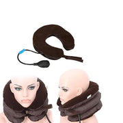 A deflated brown neck traction device with pump, and two mannequin heads wearing the device, one front and one side view.
