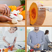 A person uses the peeler function of the white multi-tool to peel a large orange pumpkin.