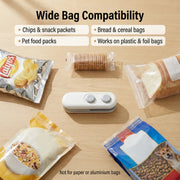 The white and grey bag sealer is centered among various snack bags, including chips, crackers, bread, cereal, and pet food.