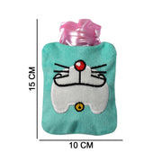 A light blue hot water bag with a Doraemon face design is shown with dimensions of 15 cm by 10 cm on a white background.