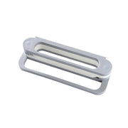 A gray and white folding shoe rack is shown from an angled perspective against a plain white background.