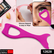 A fuchsia silicone eyeliner and mascara guide tool is shown with an inset demonstrating its flexibility and ease of cleaning.