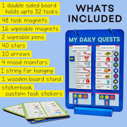 A blue magnetic daily quests board with task magnets and a list of included items like 48 task magnets and 40 stars on a