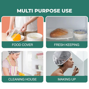 Four square images showing various uses: covering food, cleaning, and makeup application.