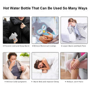 Six small images showing various uses for a hot water bottle, including for warmth and pain relief.