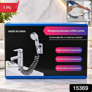 Blue and black product box showcasing the shower spray hose with text overlays, including 