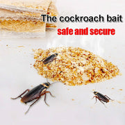 Three cockroaches near a pile of bait powder on a white surface, with text 'The cockroach bait safe and secure'.