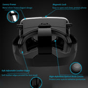 The back of a black VR headset with soft leather edges and optical resin lenses, detailed with feature callouts.