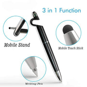 A black 3-in-1 stylus pen with text highlighting its mobile stand, mobile touch stick, and writing pen functions.