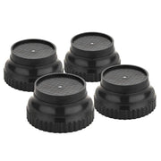 Four black round washing machine support legs with textured tops are arranged in a square on a white background.