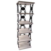 An empty light grey and black foldable shoe rack with a white background, showcasing its design.
