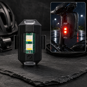 Black LED strobe light with two bright white lights, next to a blurred image of a red light on a bike.
