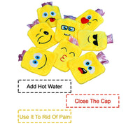 Seven yellow emoji hot water bags are shown with text instructions for adding hot water, closing the cap, and using for pain