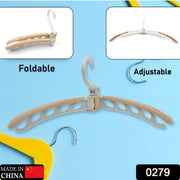 A beige and white folding hanger on a blue background, with insets showing it folded and adjusted. The text 