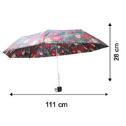 An open floral umbrella with red and white flowers on a dark green canopy is shown with dimensions of 28 cm height and 111