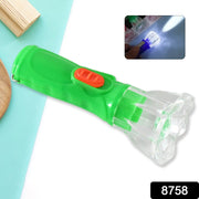 A green and orange plastic flashlight with a clear faceted head is shown on a blue and white background.