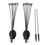 Two solar firefly light units with black stems and white bulbs, along with two silver stakes, on a white background.