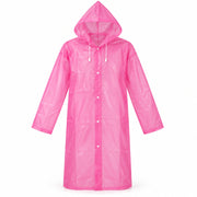 A pink translucent rain coat with a hood and white snap buttons is displayed flat against a white background.
