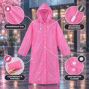 A pink translucent rain coat with a hood and white snap buttons is highlighted with features like waterproof EVA, adjustable