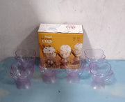 Eight clear and purple plastic ice cream bowls arranged in front of a 'Royal Ice Cream Cup' box.