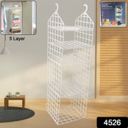 White 5-layer plastic hanging closet organizer with an inset showing it filled with clothes.