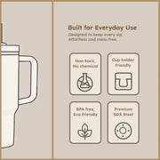 A graphic display with four icons and text promoting the mug's features: non-toxic, cup holder friendly, BPA-free, and