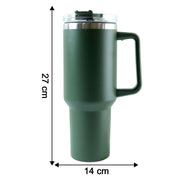 A dark green insulated travel mug with a handle and clear lid is shown with dimensions: 27 cm tall and 14 cm wide.