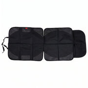 The black car seat protector is fully extended on a white background, revealing its modular design.