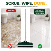 A green and yellow floor brush stands between two bathroom scenes: a dirty tiled floor on the left labeled 