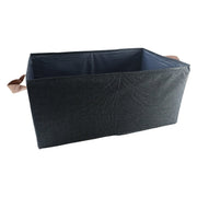 A dark gray foldable fabric storage basket with two compartments and brown handles, on a white background.