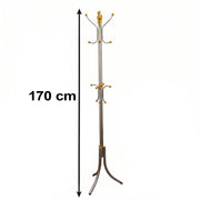 A silver-colored metal clothes hanger stand with gold accents and multiple hooks is shown against a white background with a